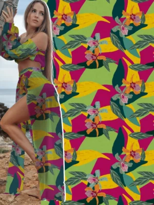 Tecido Gloss Vivant Span Orquídeas Tropicais